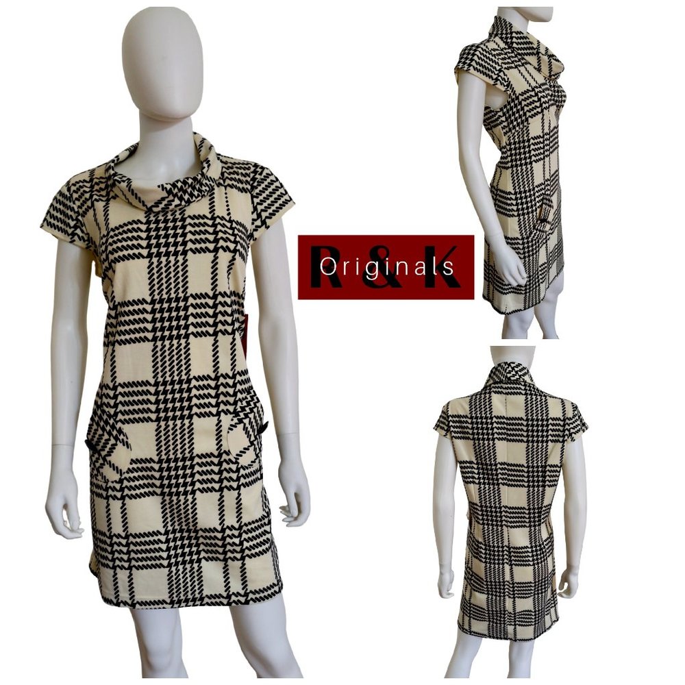 R & K Originals Missy Career Plaid Cowlneck Dress in Ivory and Black NWT